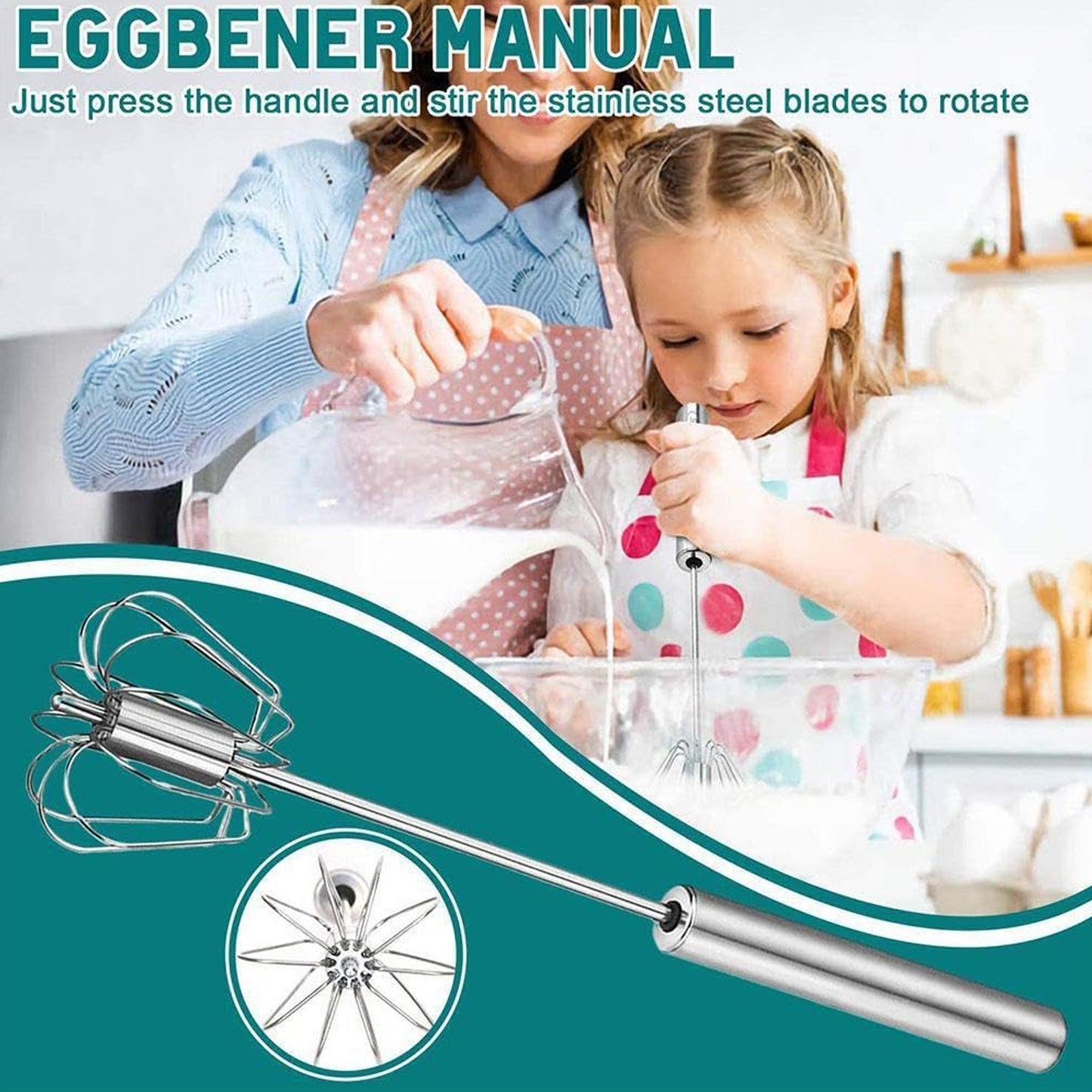 Big Stainless Steel Egg Whisk Hand Push Rotary Whisk Blender (1 Pc 35 Cm)