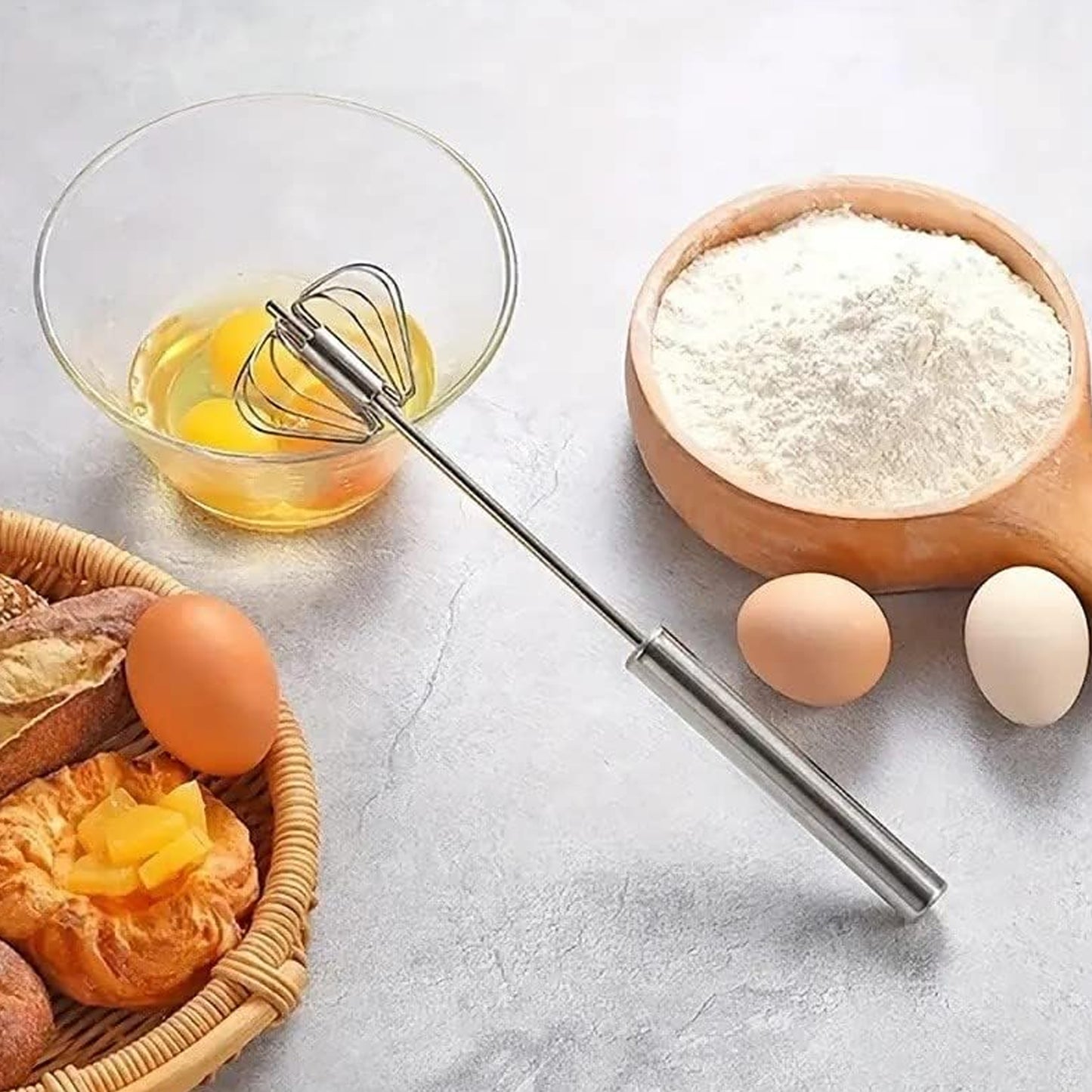 Small Stainless Steel Egg Whisk Hand Push Rotary Whisk Blender (1 Pc 27 Cm)
